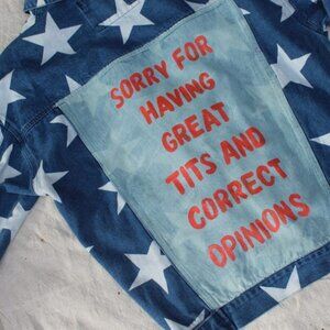 MEDIUM Painted Jean Jacket Upcycled Embellished Denim